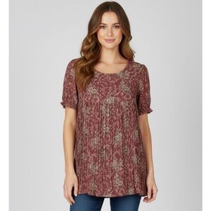 KALA Floral Accordian Top, Women’s L, Brick Red Mauve
